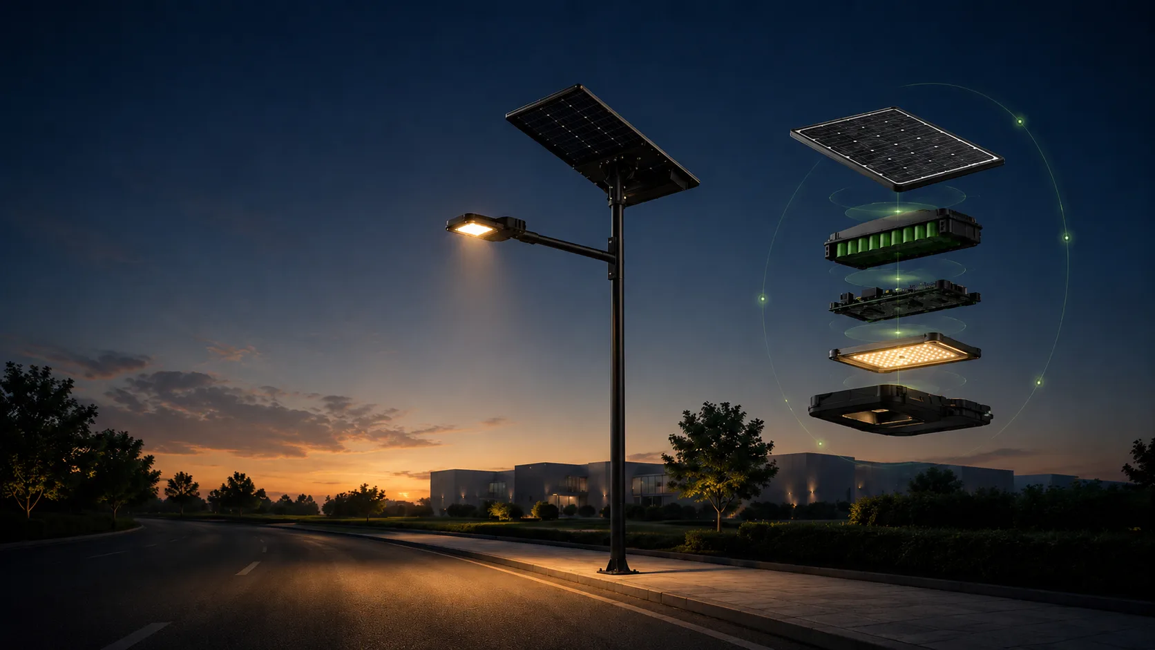 Solar light service life shown as a maintainable system with panel, battery, LED and controller components