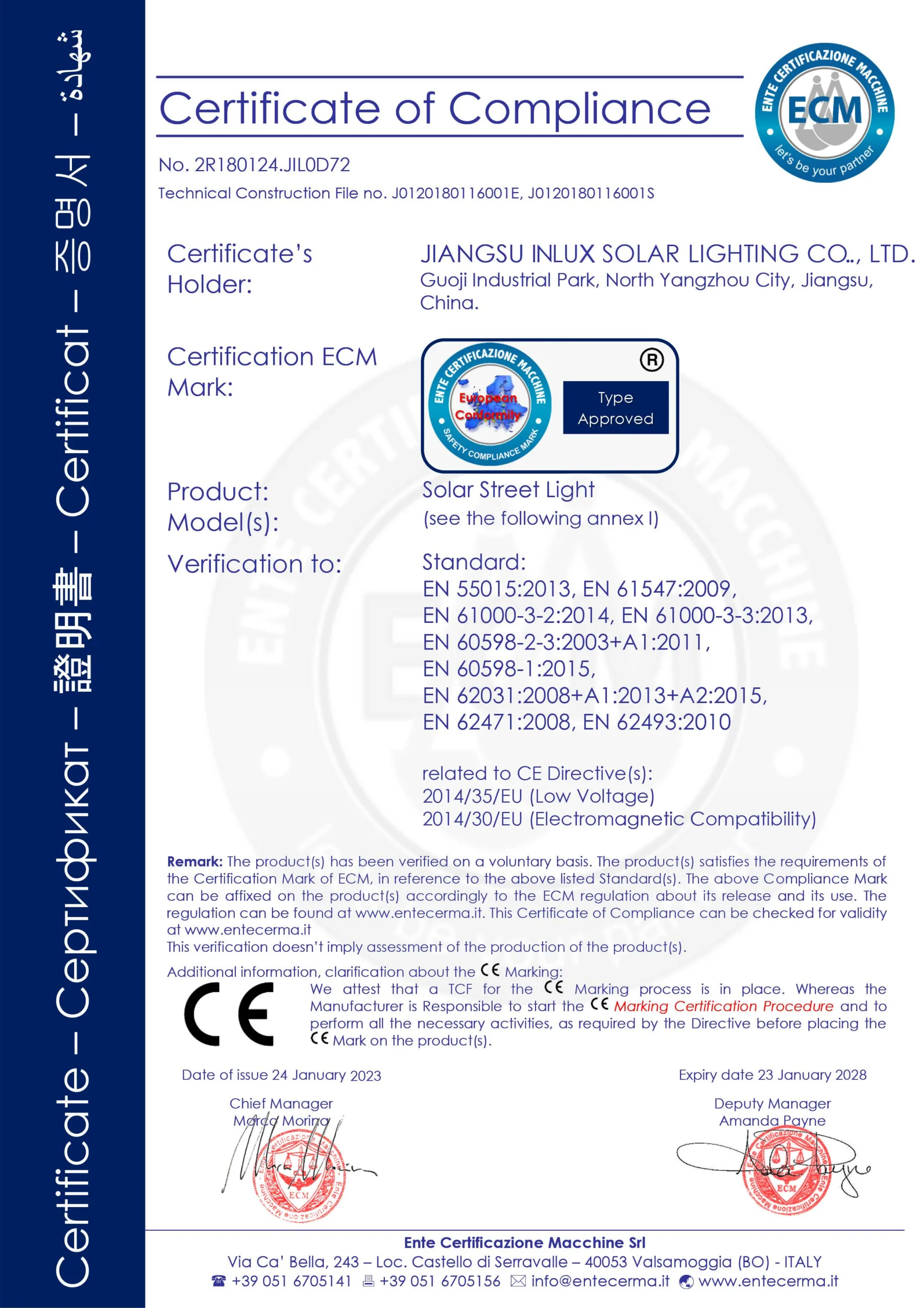 CE certificate INLUX Solar