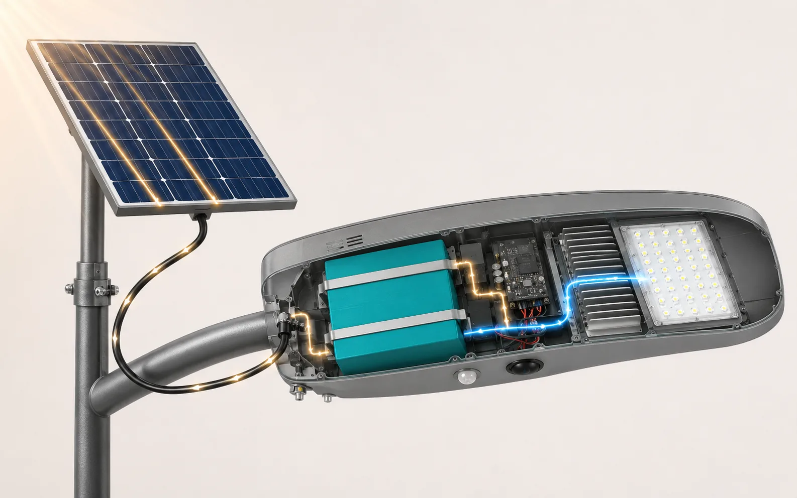 Solar panel, controller, battery, LED and sensor energy flow with an illustrative nightly watt-hour calculation