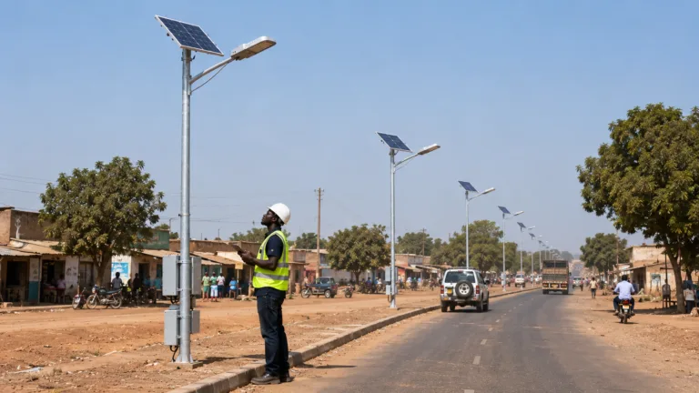 Maintenance technician inspecting commercial solar street lights along a municipal road