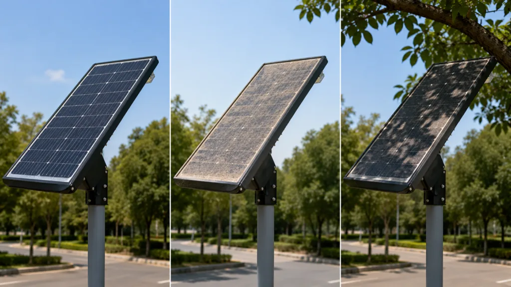 Solar street light panel affected by dirt, leaves and partial shade