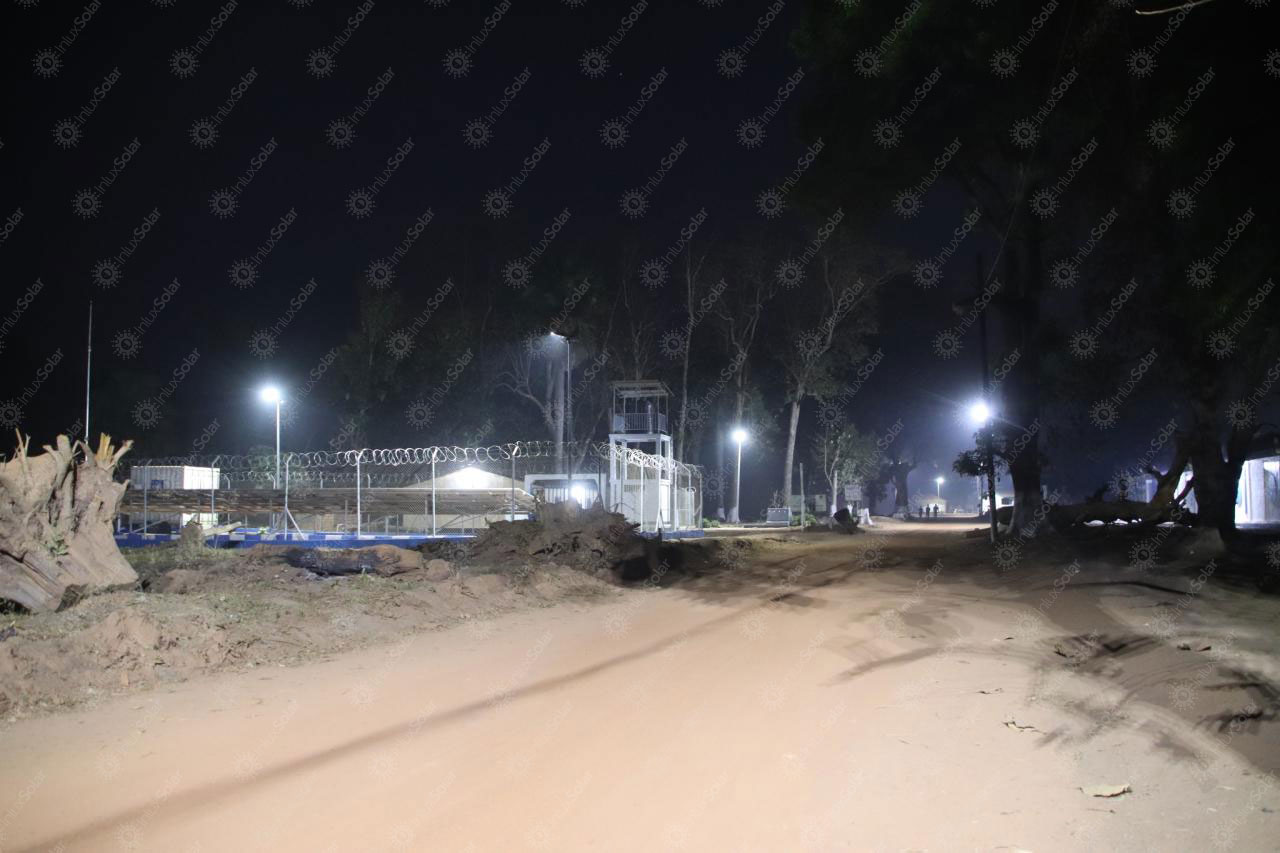 Night view of GALAXY AIO6 solar street lights operating in Douala, Cameroon
