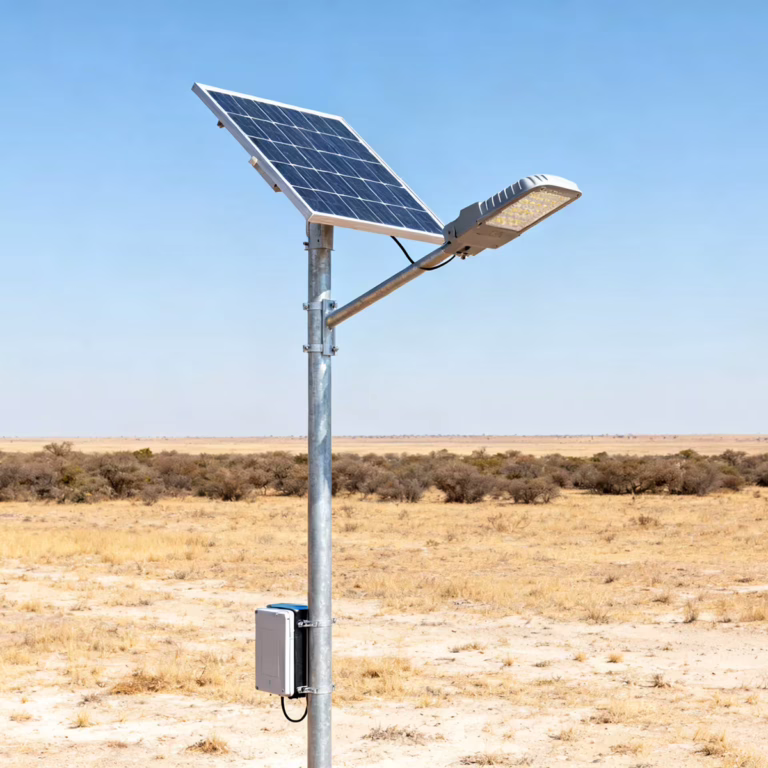 Energy-efficient LED and solar street lights on a city arterial in Africa at dusk.