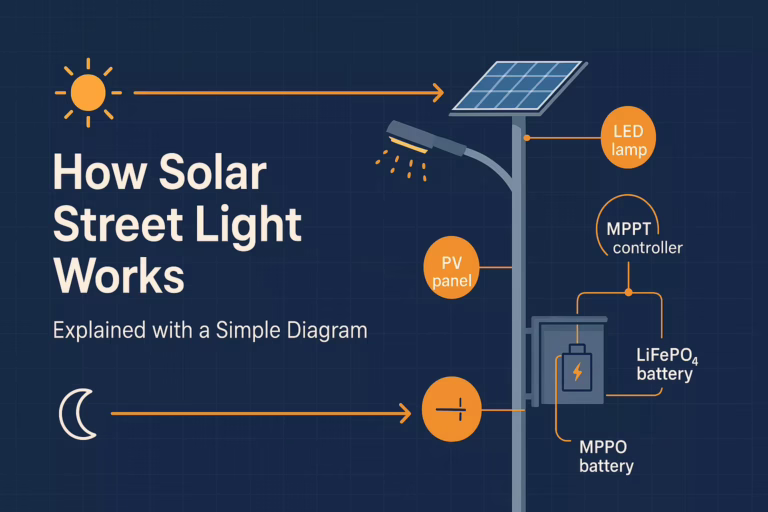Diagram sistem: cara kerja lampu jalan tenaga surya dari PV dan MPPT ke LiFePO4 dan optik LED