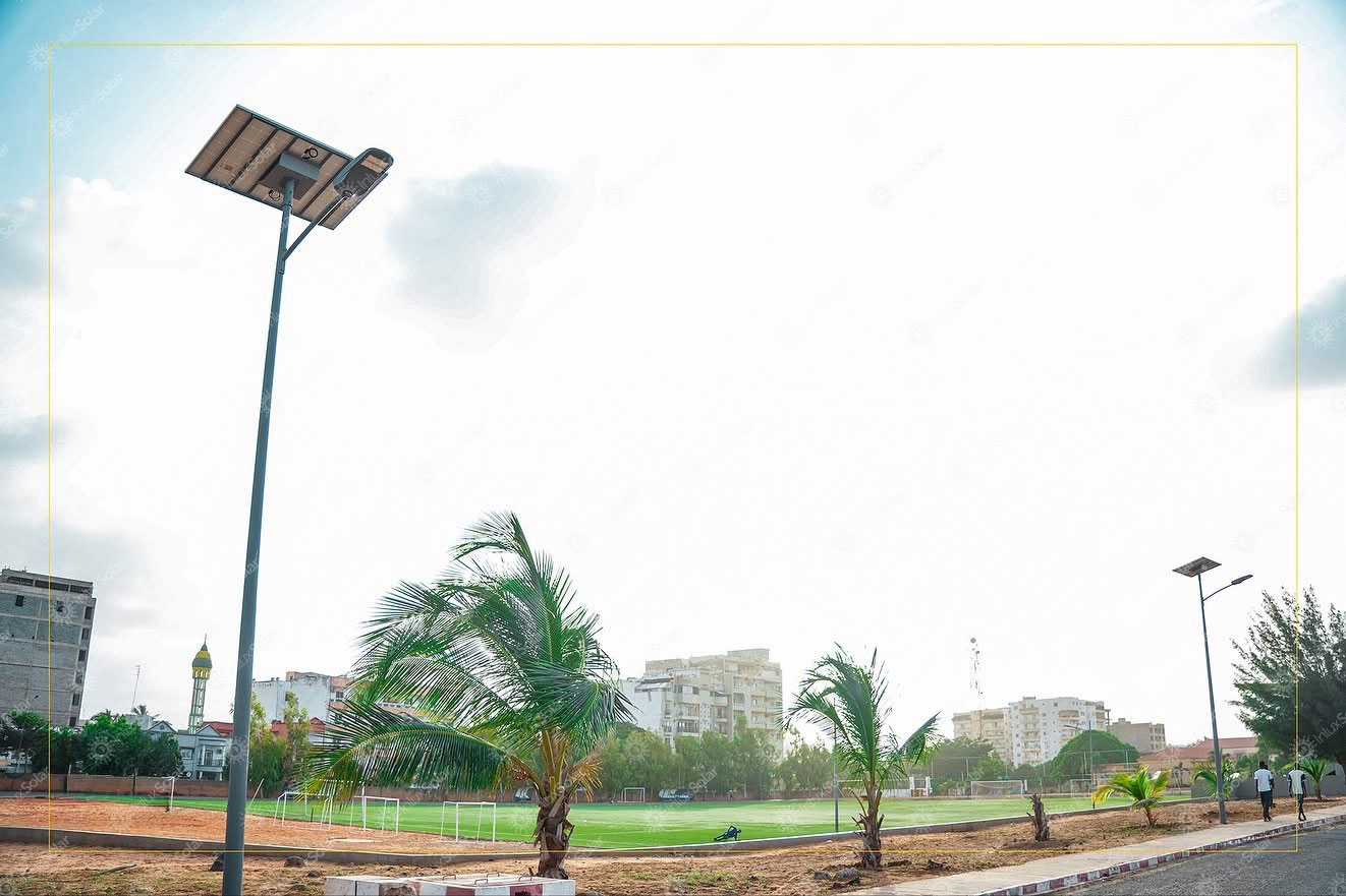 Tall split type solar street light serving a landscaped roadside near palm trees