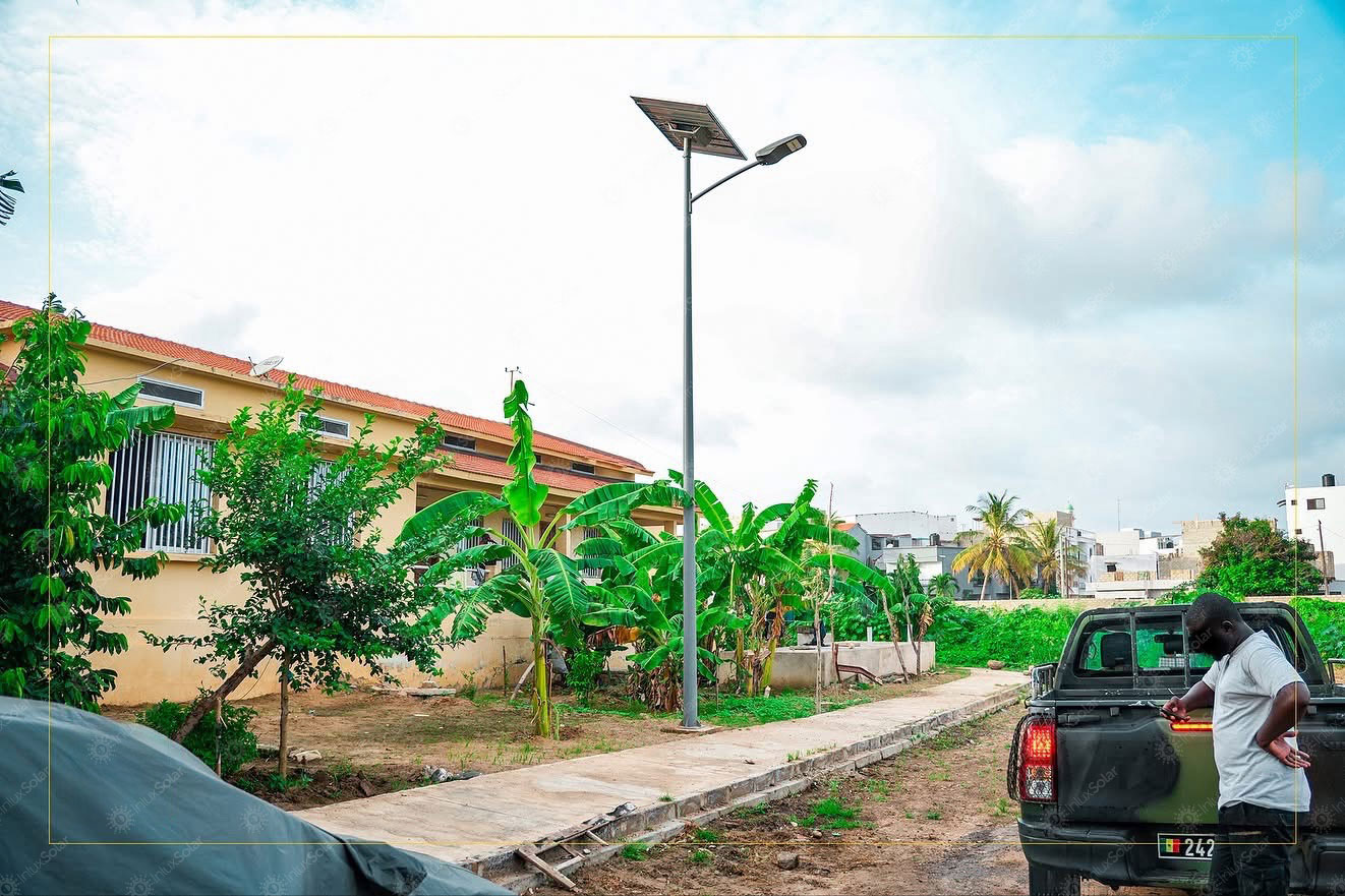 Solar street light beside a walled community road with roadside greenery