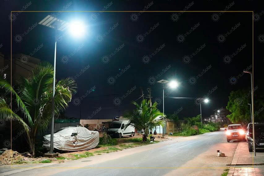 Daytime urban roadside with several split type solar street light poles
