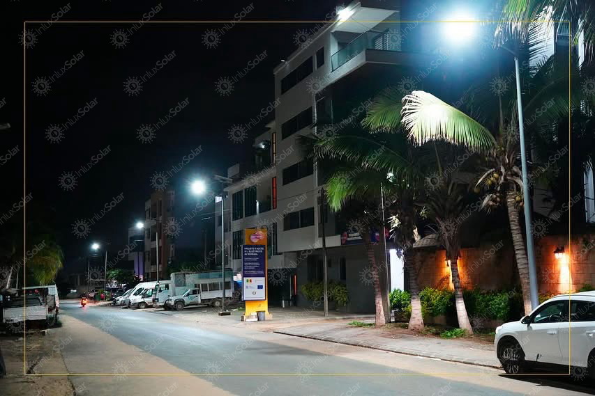 Night road lighting beside shops and parked vehicles in Dakar