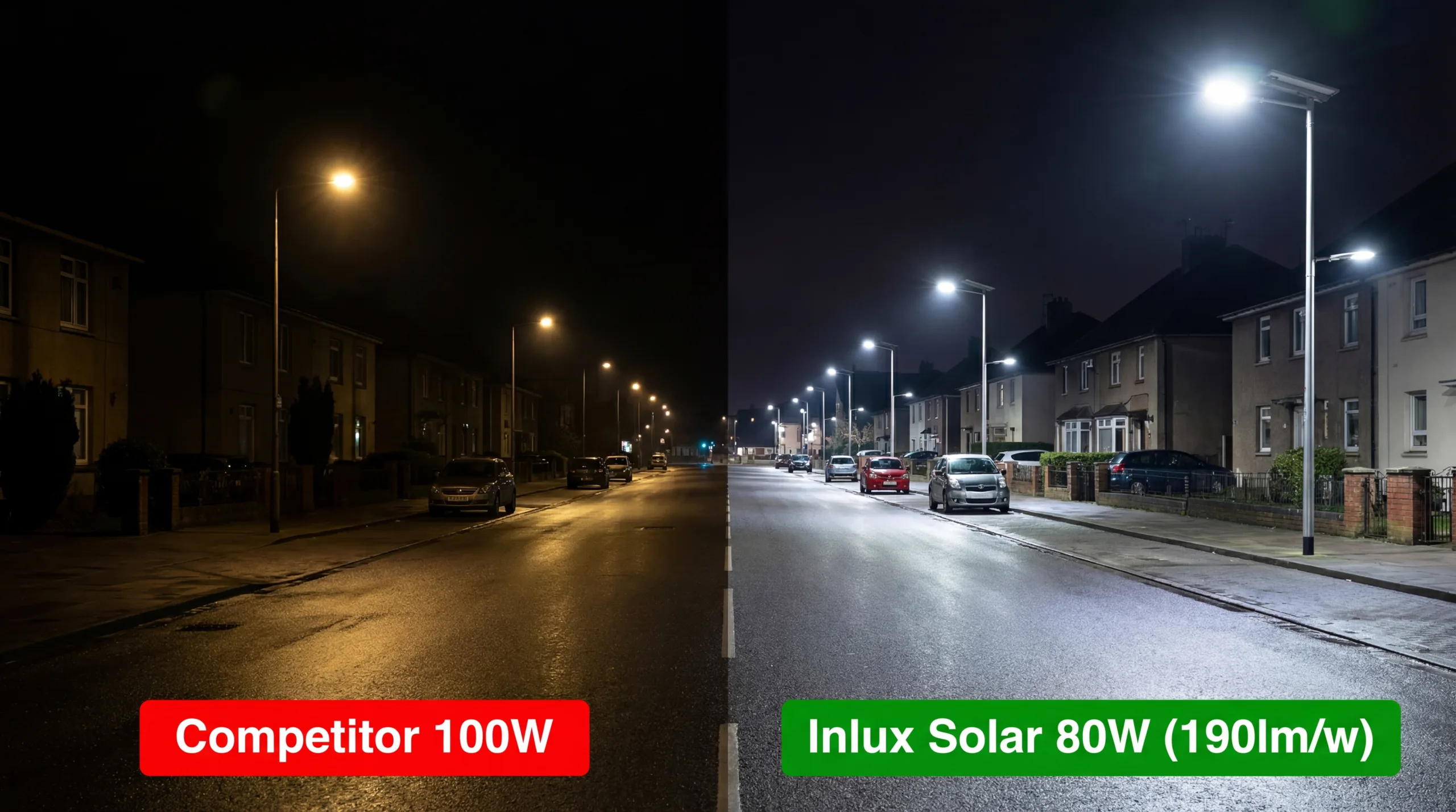 Night time split-screen comparison showing Inlux 80W high-efficiency solar light (190lm/w) providing brighter illumination than a competitor's standard 100W LED street light.