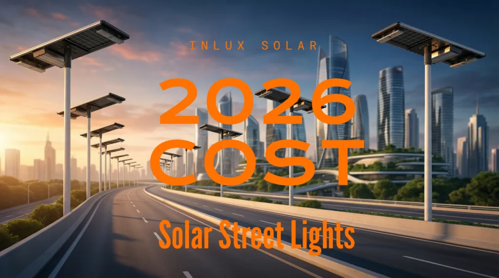 2026 Solar Street Light Cost Guide cover image showing modern all-in-one solar poles on a futuristic highway with 3D text "2026 COST"