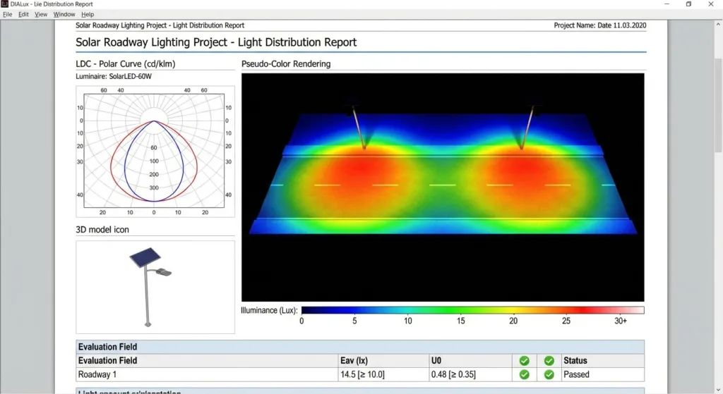 Example of an Inlux DIALux Report showing light distribution. Solar Parking Lot Lighting Photometric Heatmap Simulation