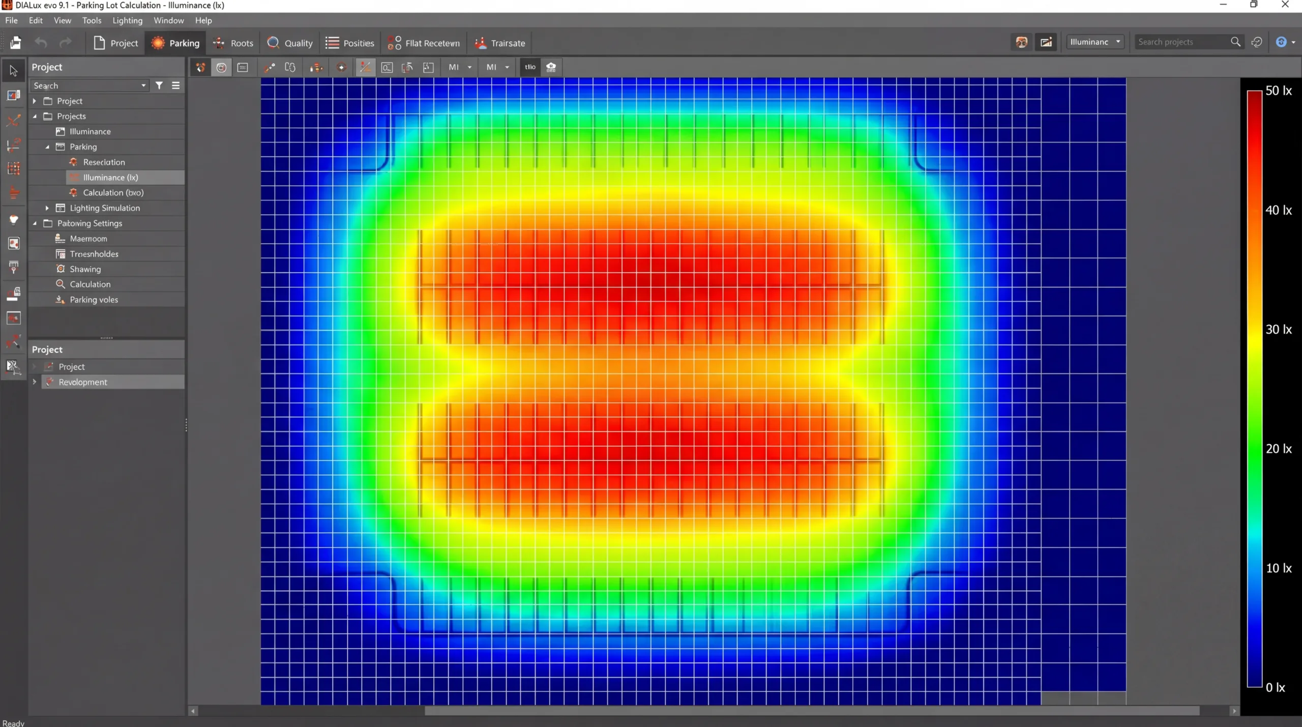 Professional DIALux photometric simulation report showing false-color light distribution heatmap for a commercial solar parking lot project compliant with IESNA standards.