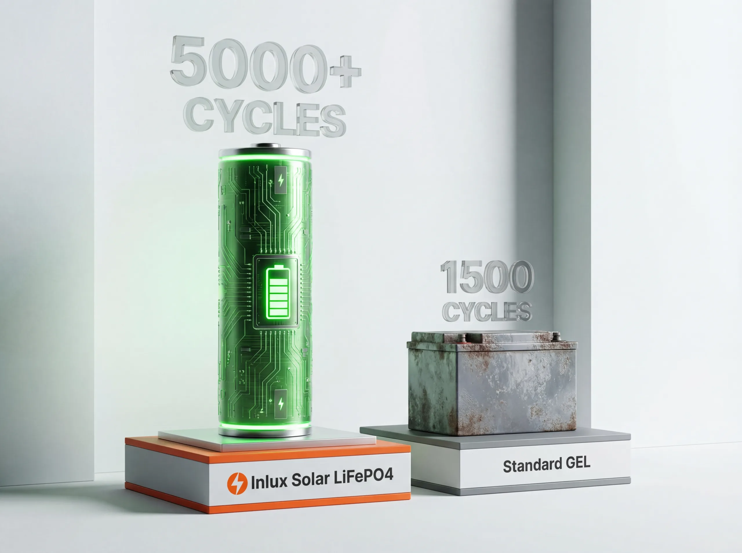 Chart comparing Inlux LiFePO4 battery lifespan (5000+ cycles) versus competitor Gel and Lead-Acid batteries (1500 cycles) for high-temperature solar lighting applications.