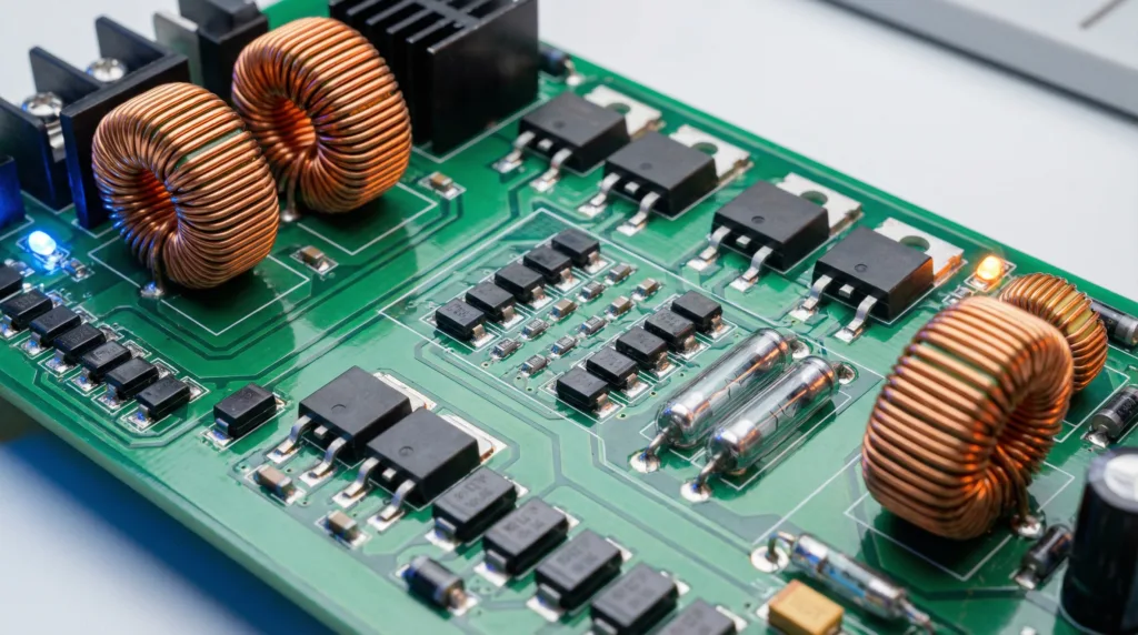 MPPT solar street light controller PCB showing efficiency focus and surge/ESD protection design