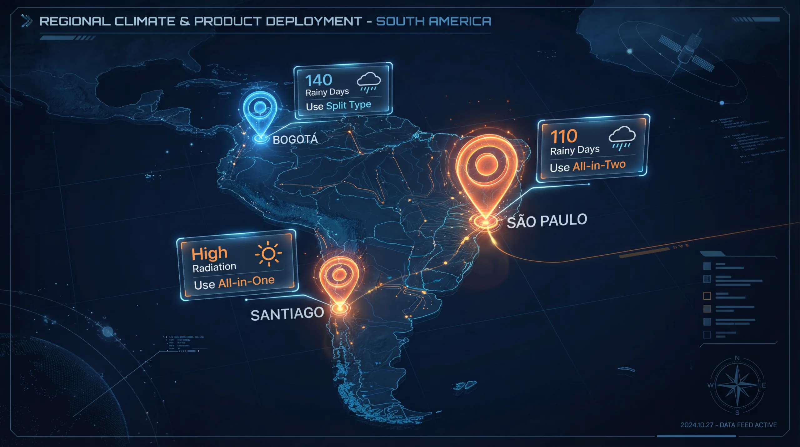 South America solar street light configuration map showing solar radiation data and rainy day risks for São Paulo, Bogotá, and Santiago to guide correct battery sizing.