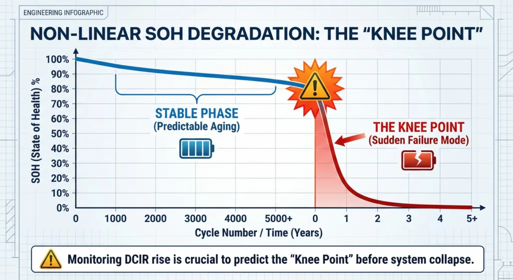 Battery SOH degradation curve illustrating the Knee Point failure mode