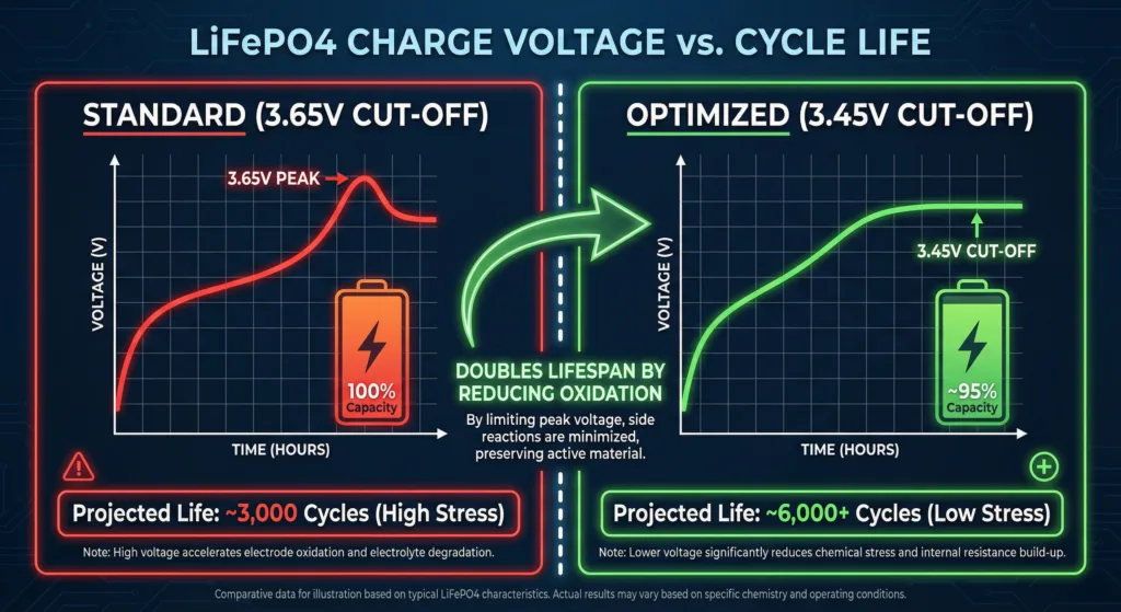 Chart comparing LiFePO4 cycle life at 3.65V vs 3.45V charge cut-off voltage