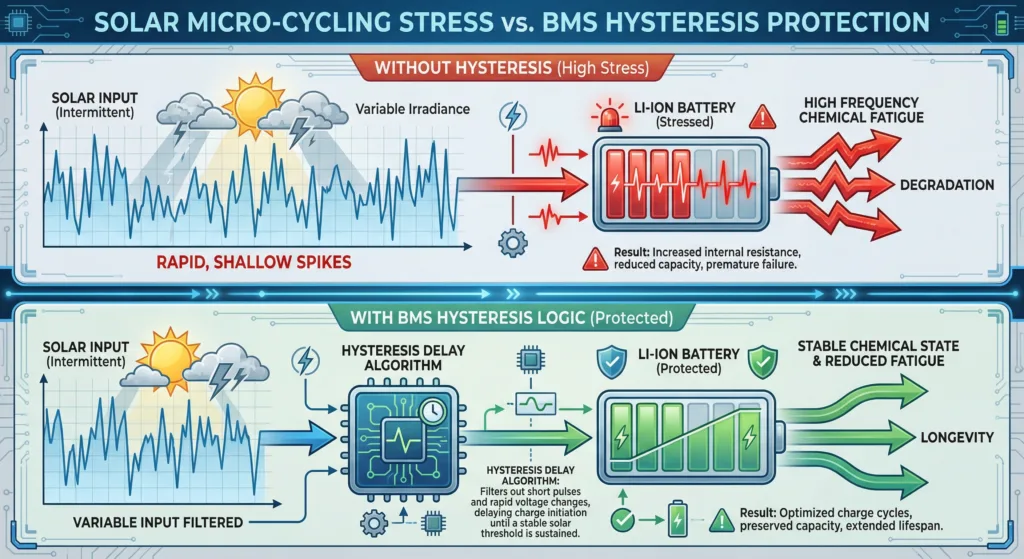 Solar battery BMS hysteresis logic diagram preventing micro-cycling