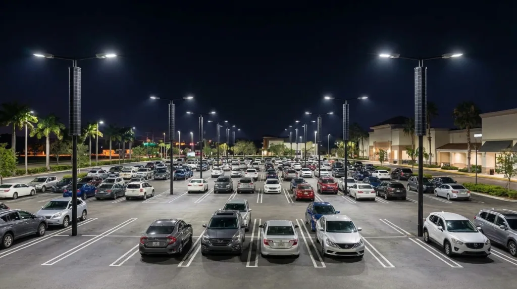 Projek pencahayaan tempat letak kereta komersial menggunakan lampu tiang solar menegak lumen tinggi.