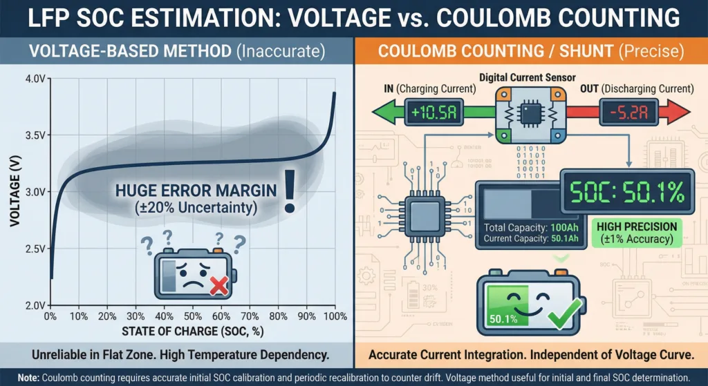 Voltage vs Coulomb Counting SOC estimation accuracy comparison for LiFePO4
