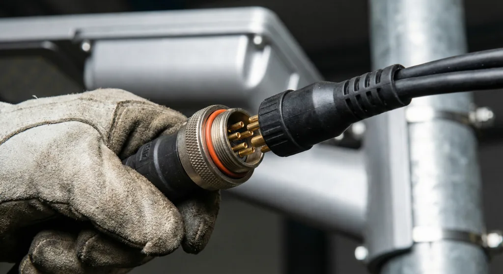 Connecting the IP66 waterproof aviation plugs on an Inlux Solar All-In-One street light, demonstrating the tool-free Plug & Play wiring system