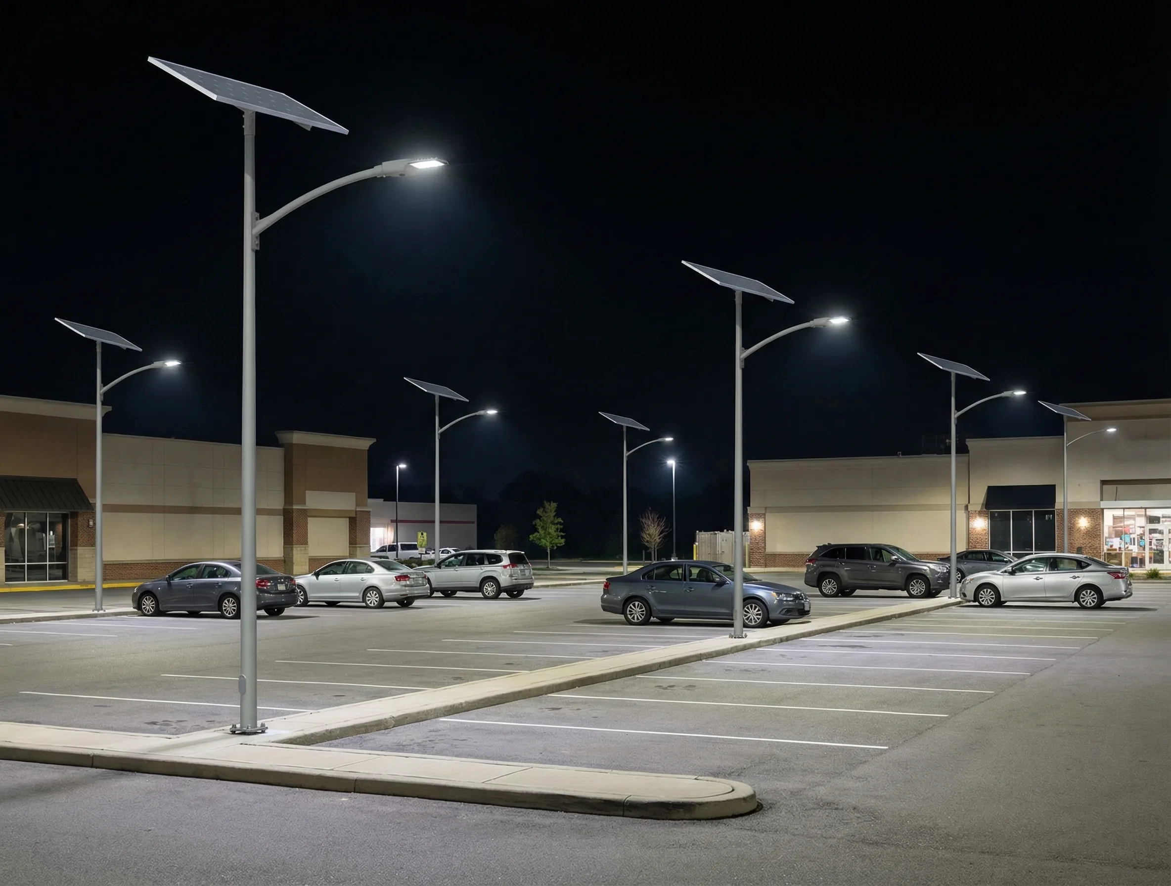 BISON all-in-two solar parking lot lights installed on poles in a commercial parking lot