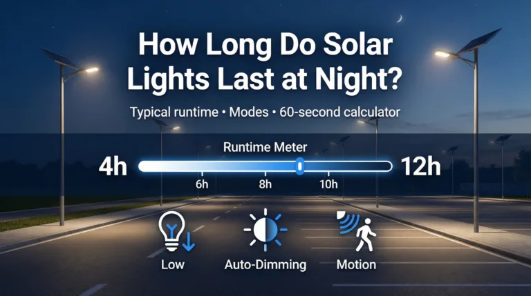 Image de couverture pour un article sur la durée de vie des lampes solaires la nuit, avec un compteur de durée de vie et des icônes de mode.