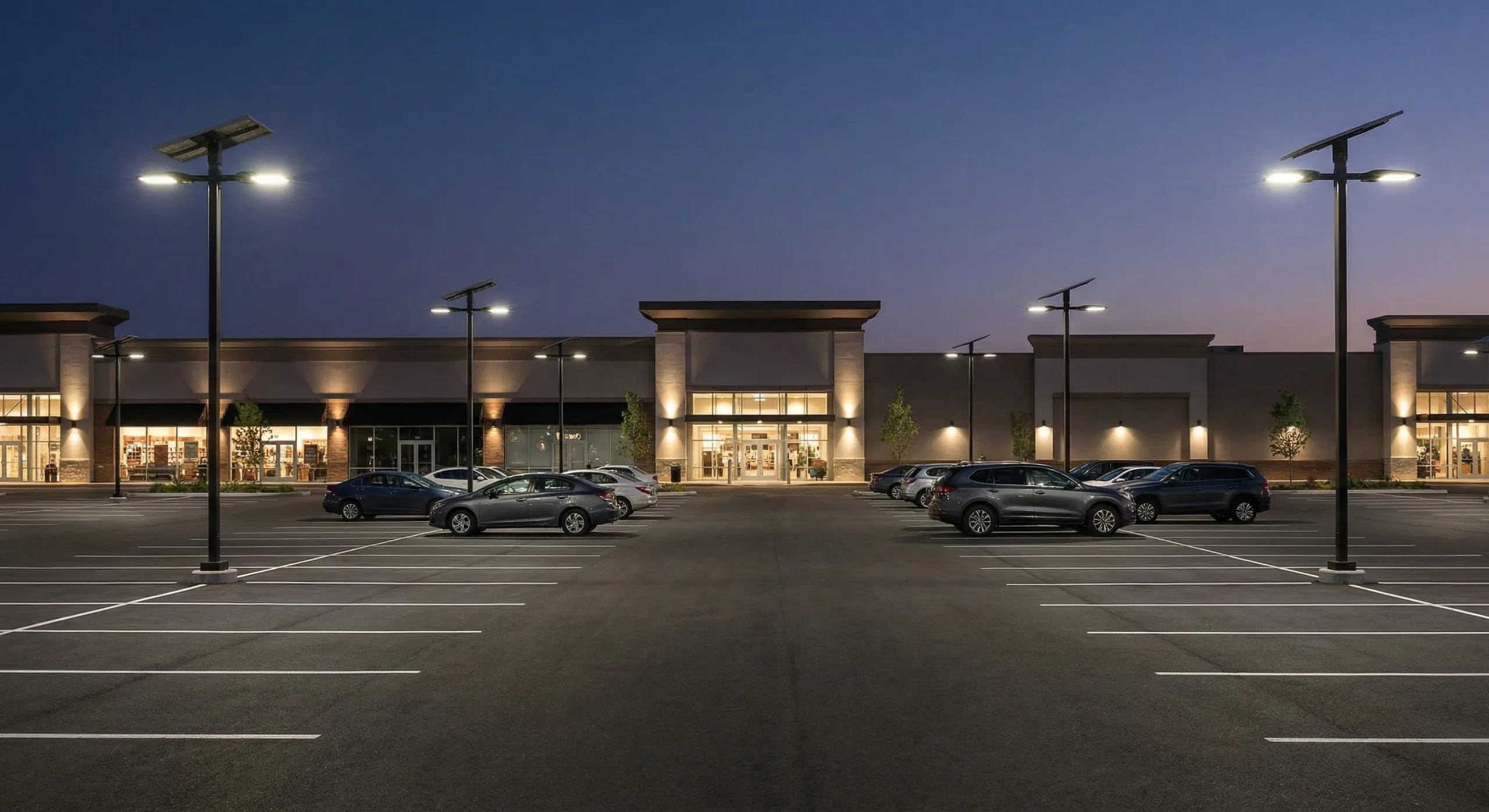 Solar parking lot lights for shopping mall parking areas with uniform illumination