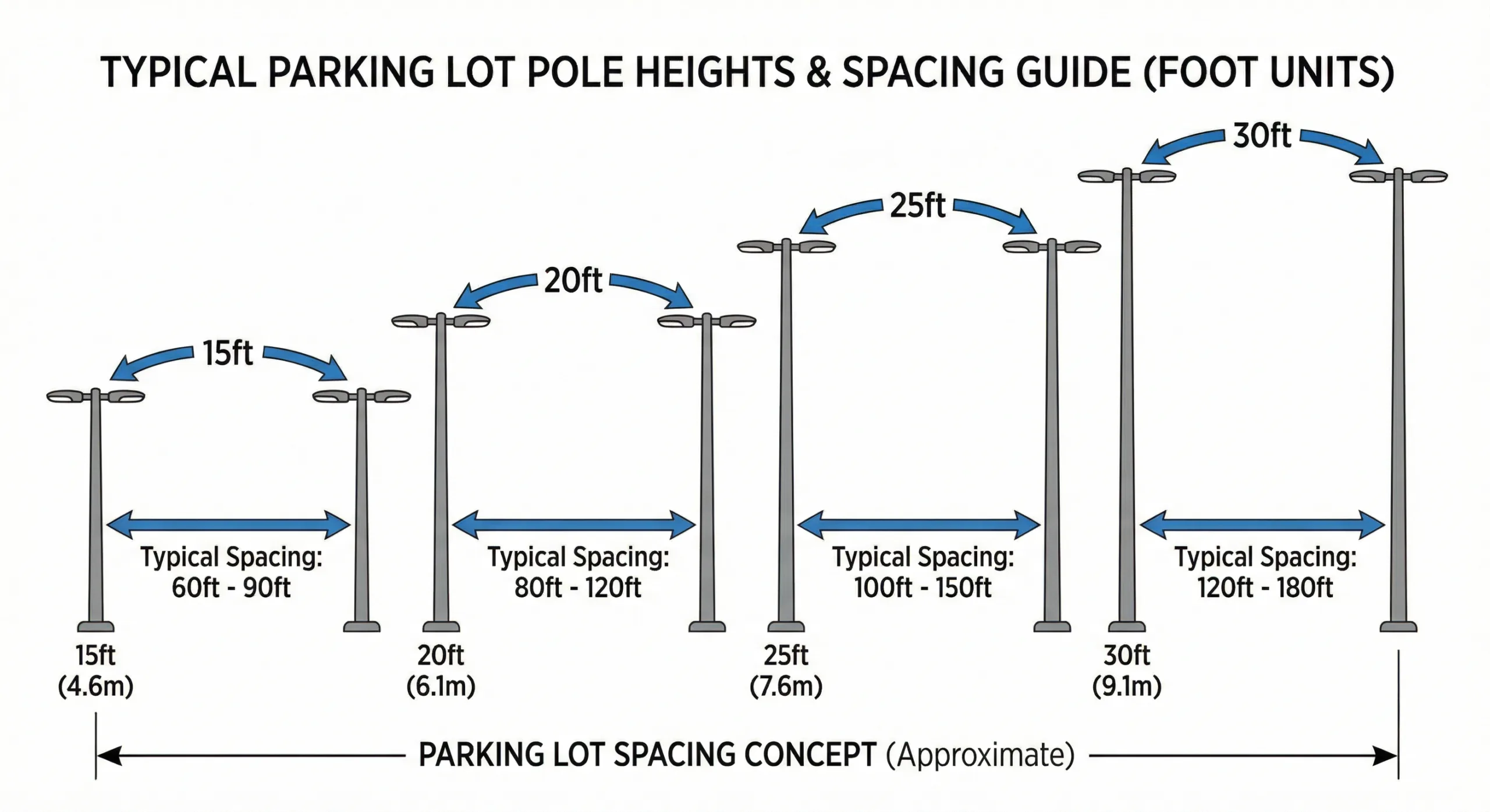 Parking lot pole height and spacing guidance in feet for solar parking lot lights