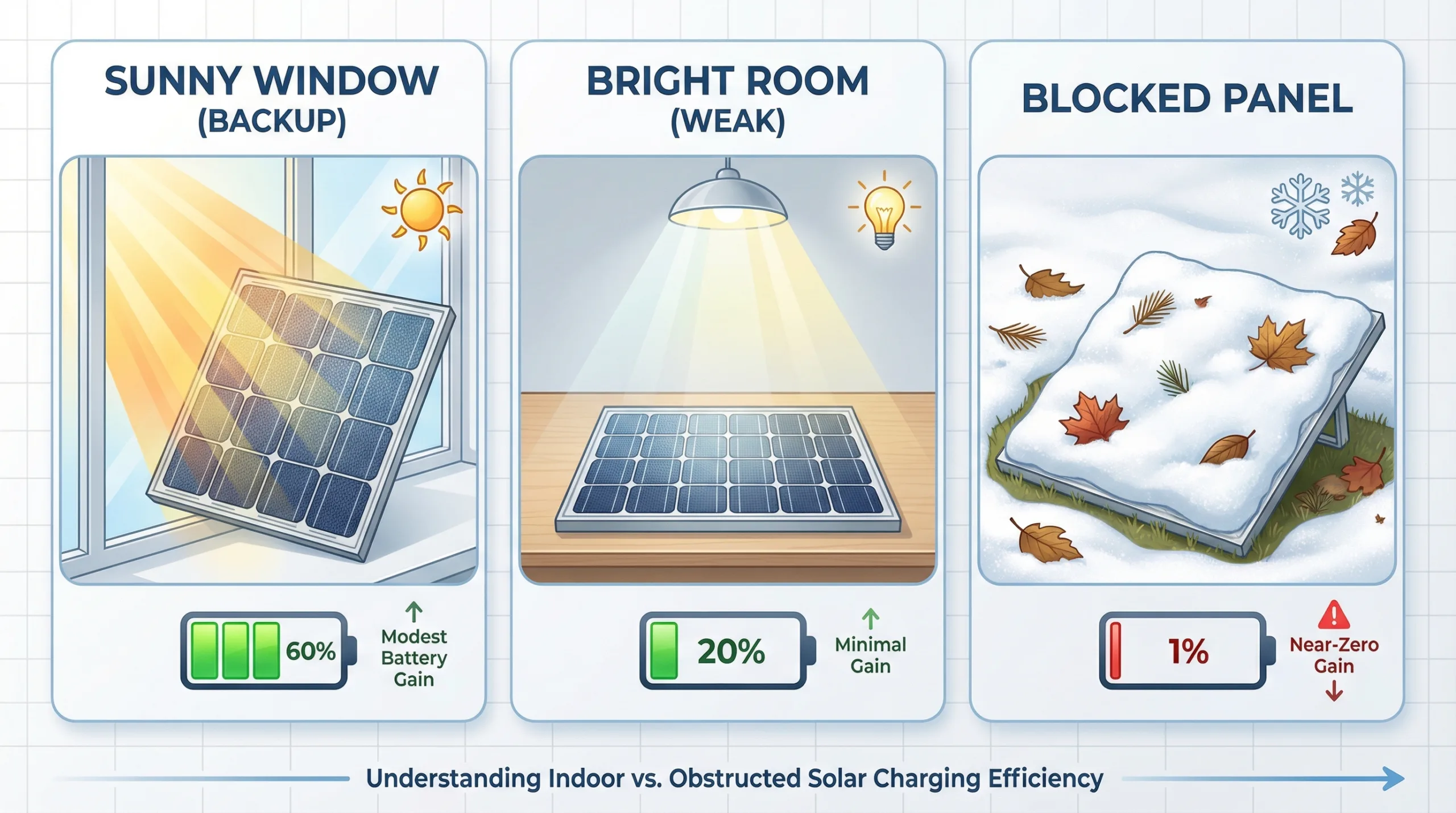 Illustration showing solar charging through a sunny window versus weak indoor light, and how snow or leaves block charging