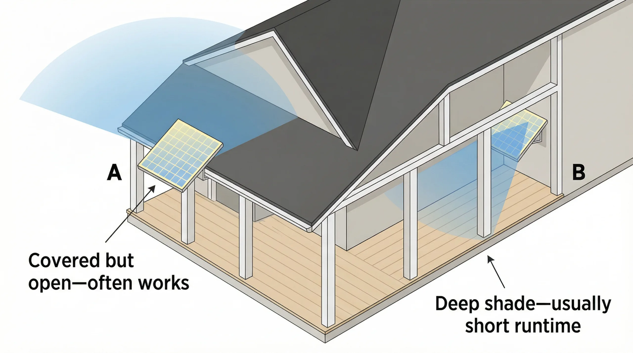 Diagram showing why solar panels under deep porch shade charge poorly due to limited sky visibility