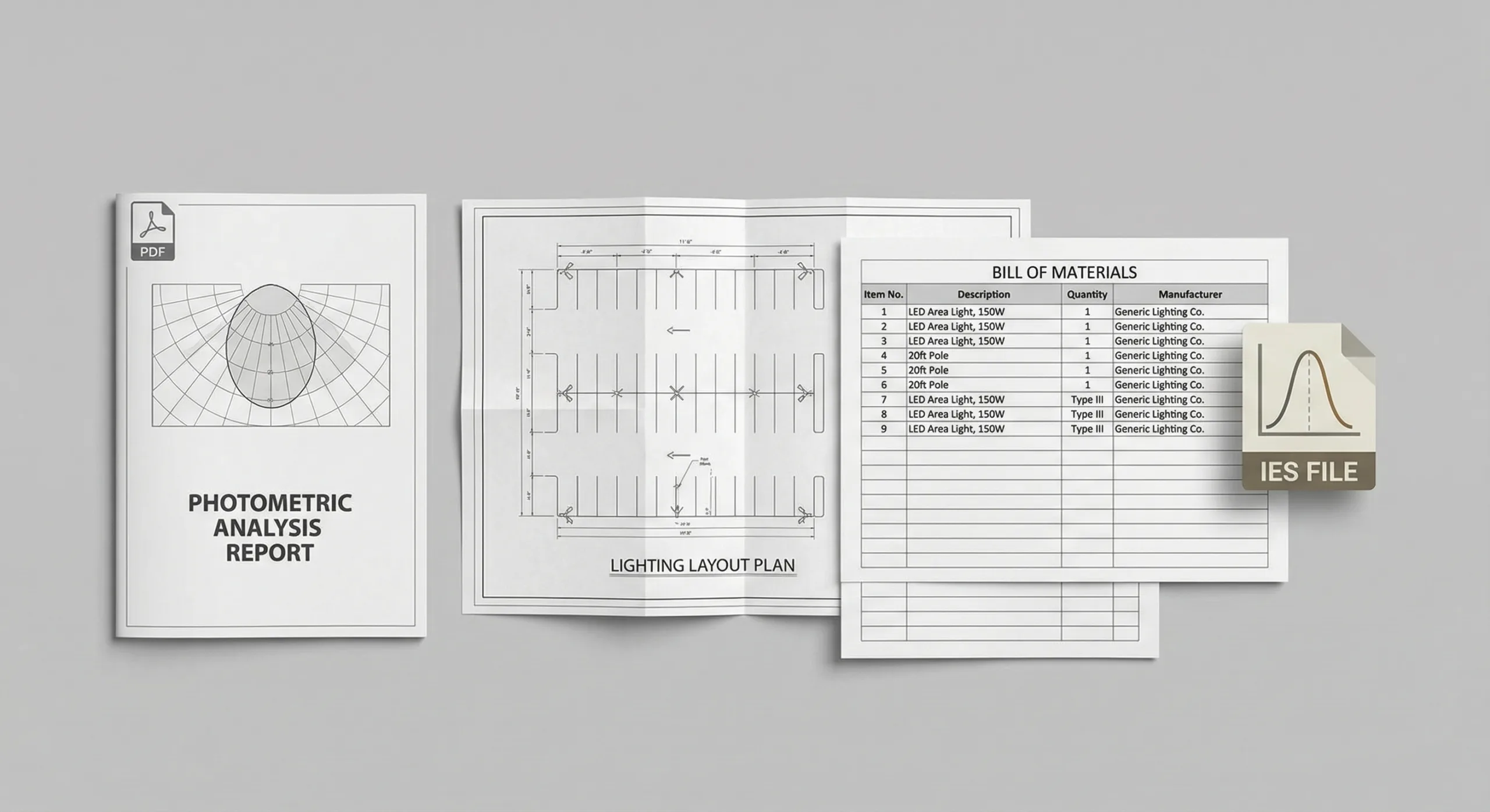 Solar parking lot lighting deliverables pack: photometric report, lighting layout, BOM, and IES files