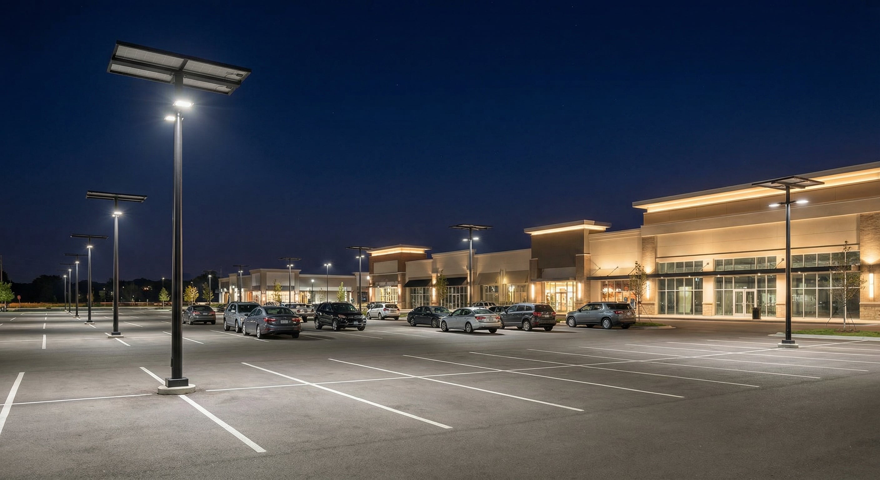 Solar parking lot lights illuminating a commercial parking lot at night (uniform, glare-controlled lighting)