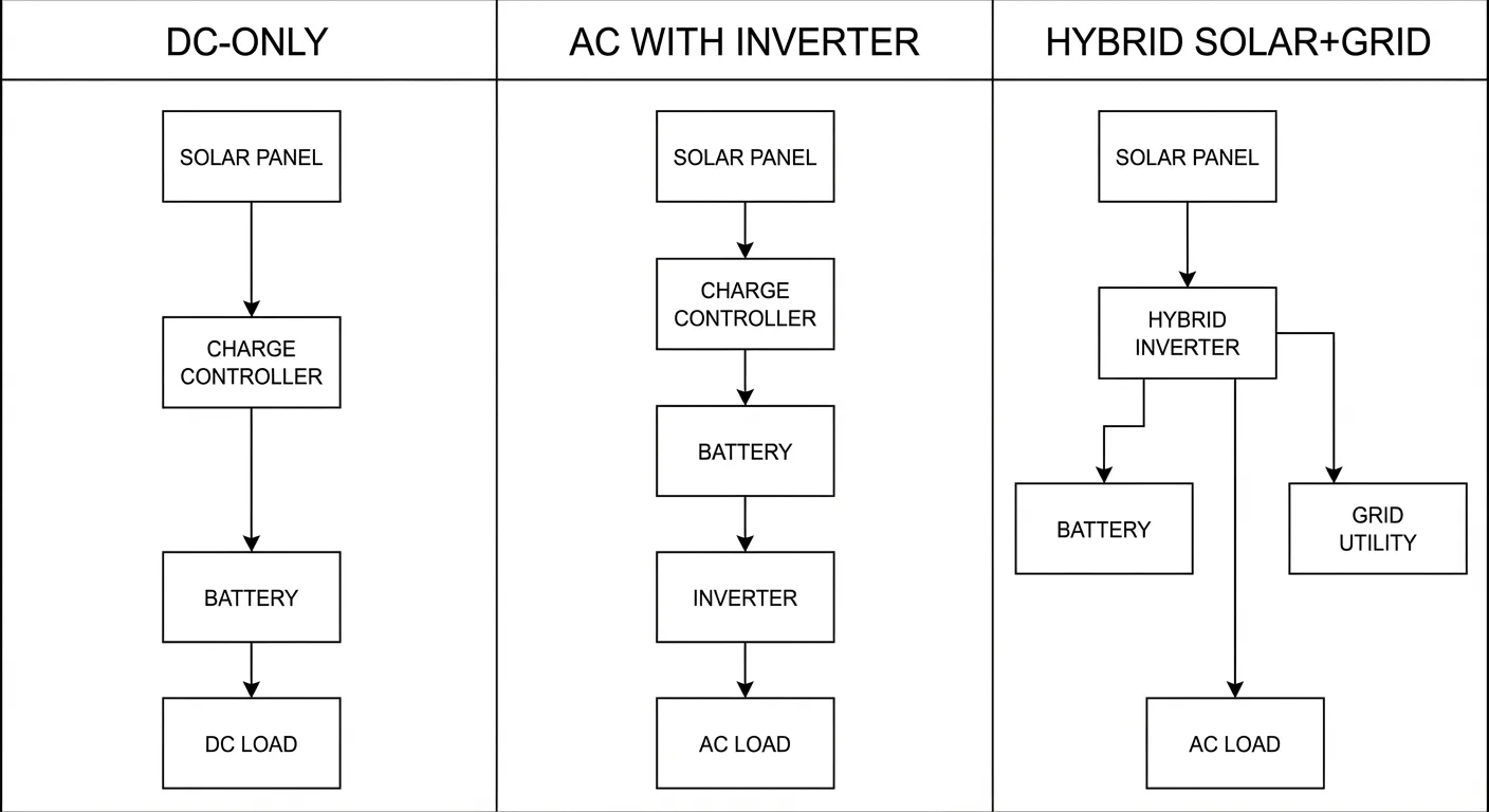 DC-only vs AC inverter vs hybrid solar power system configurations