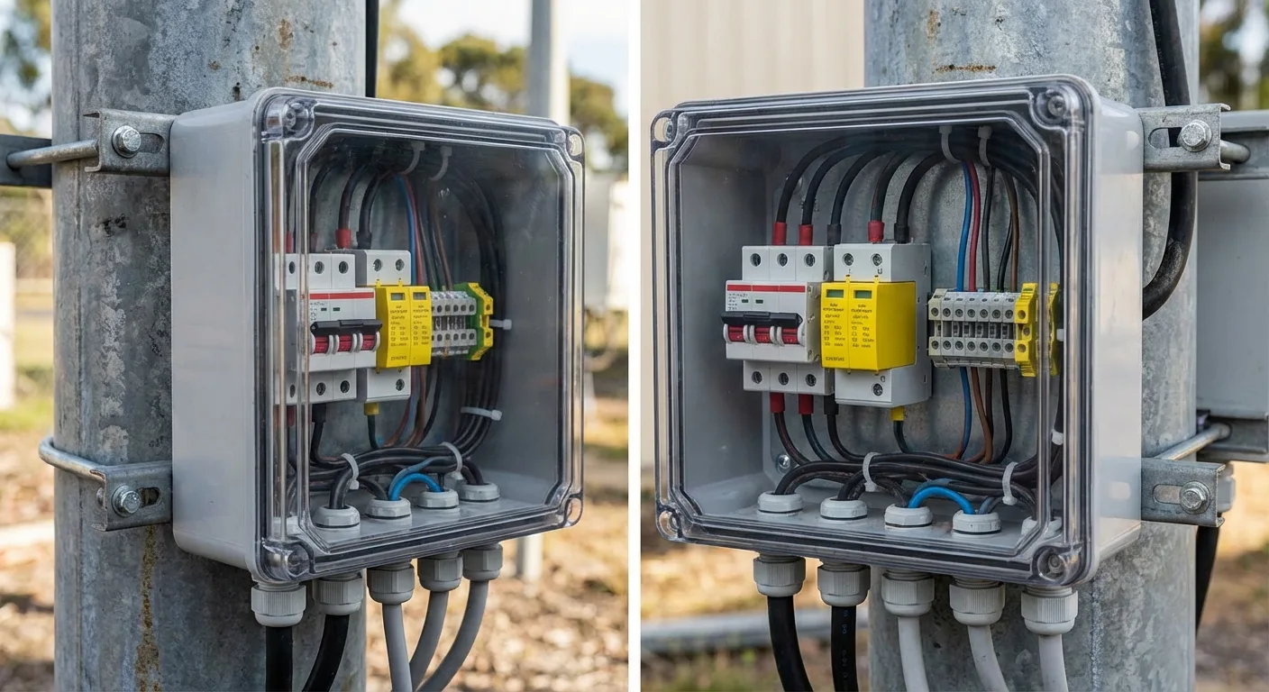 Protection components for solar power systems: breakers, surge protector, waterproof enclosure
