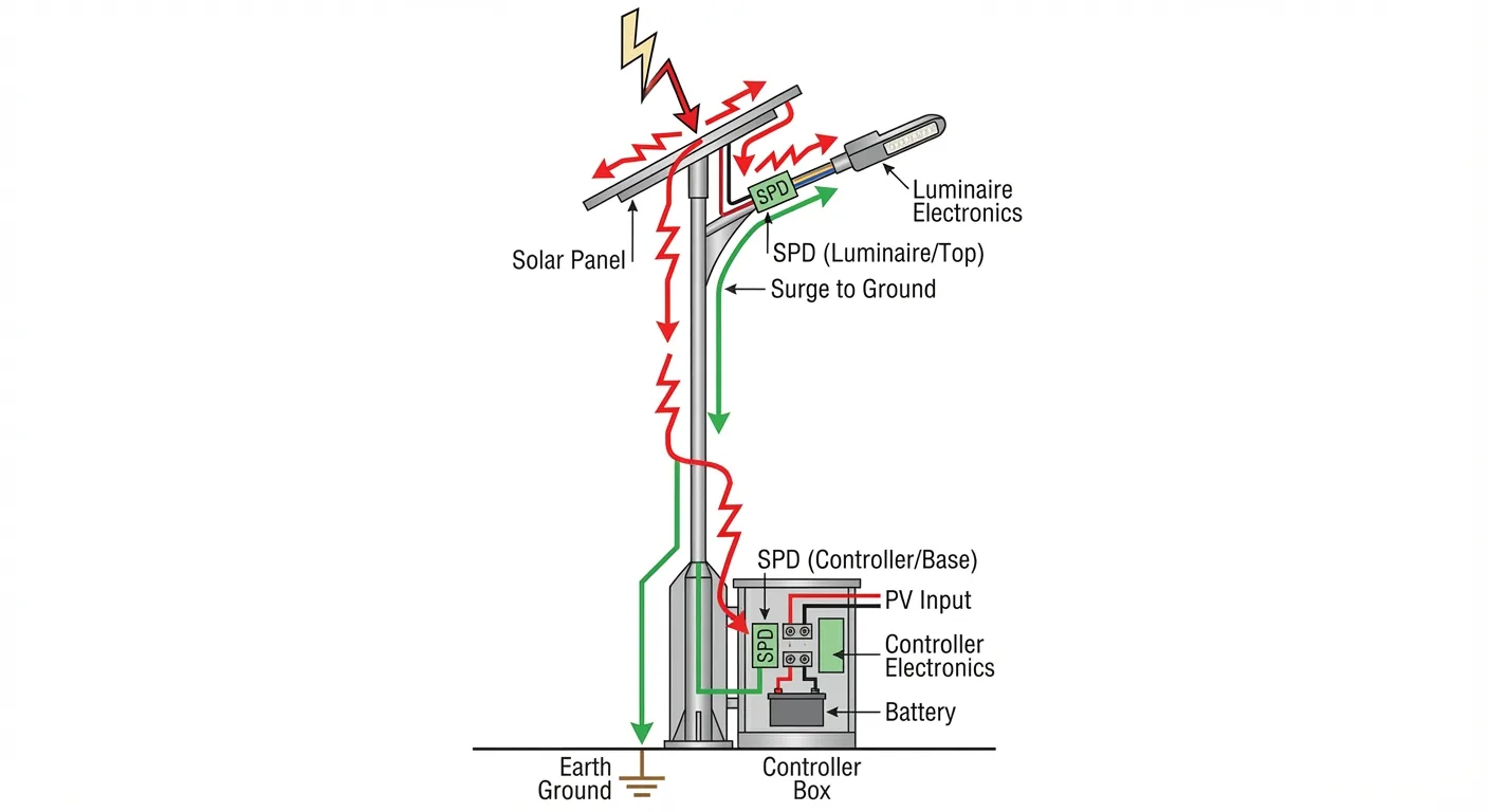 Surge path and SPD placement for solar street lights