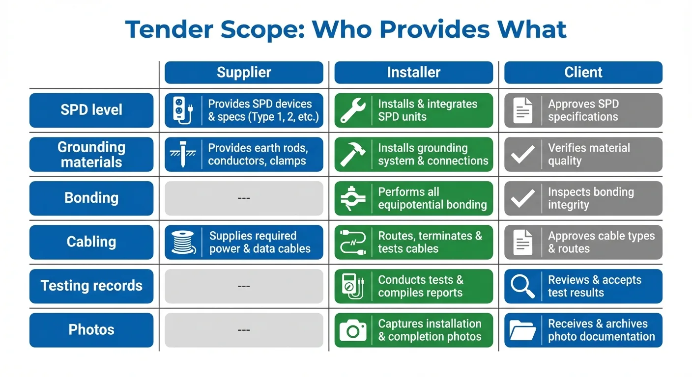 Tender scope matrix for SPD grounding and installation responsibilities