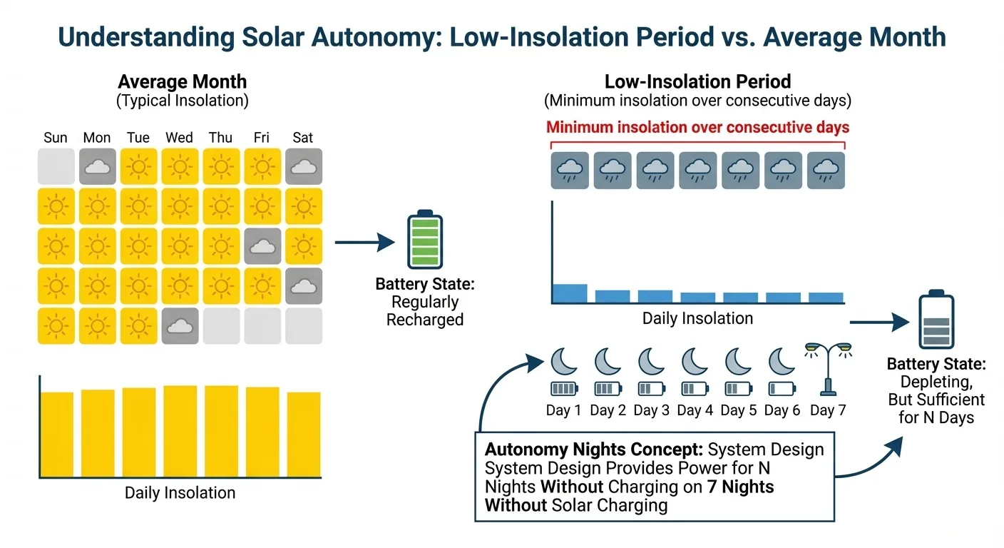 Consecutive cloudy days risk and autonomy nights planning