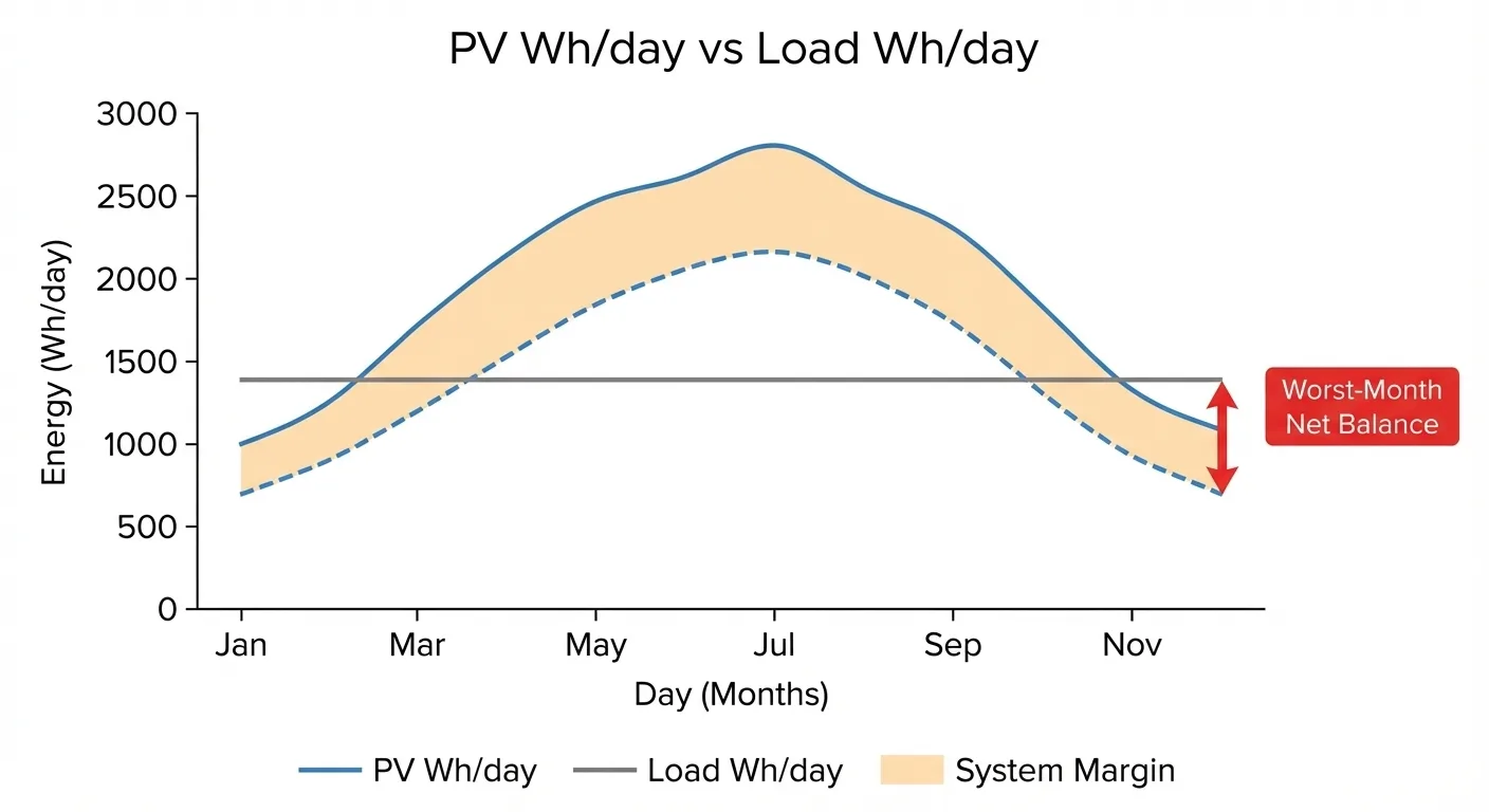 Net daily balance chart showing recharge margin across worst-month days