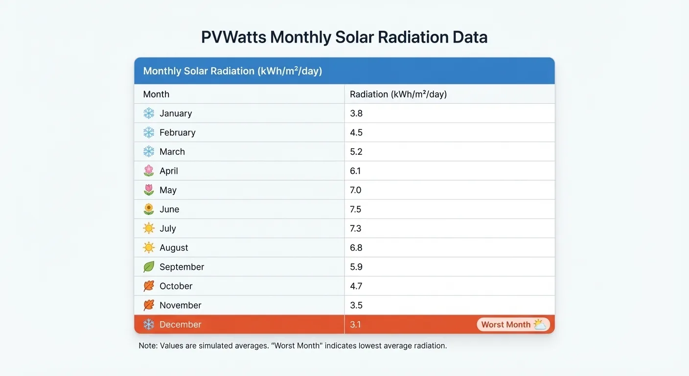Where to find worst-month PSH in PVWatts monthly irradiance table
