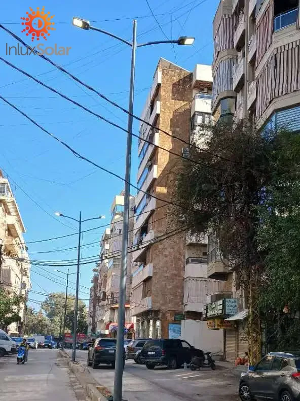 Double-arm LED street lights installed on a Beirut urban street
