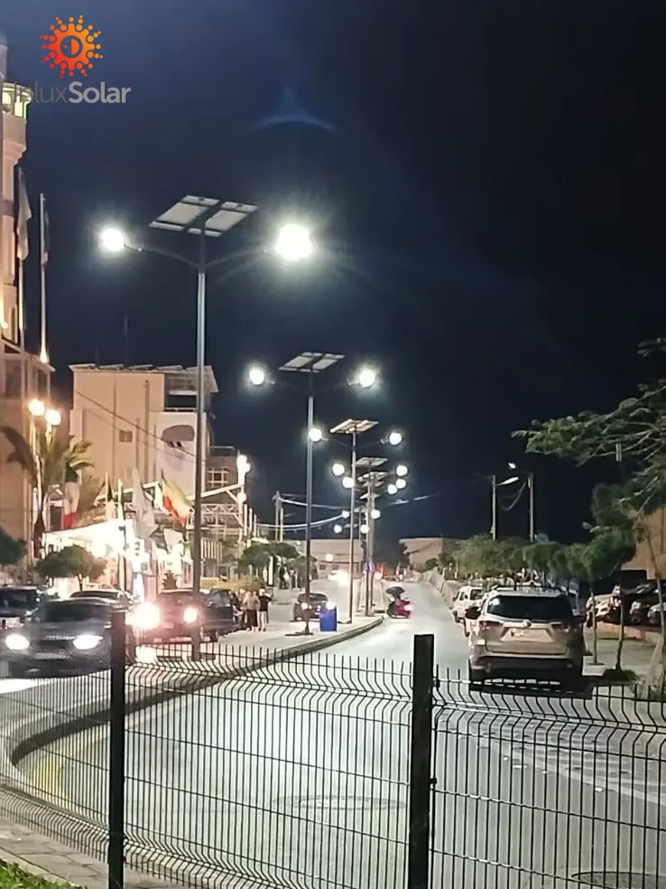 Night view of solar street lights illuminating a Beirut business district road