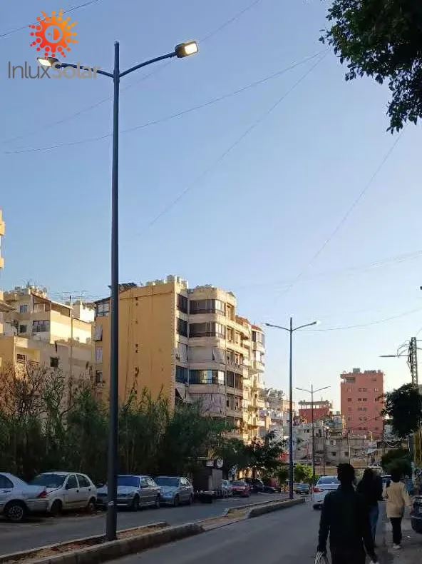 Grid-powered LED street light on an urban road in Beirut, Lebanon