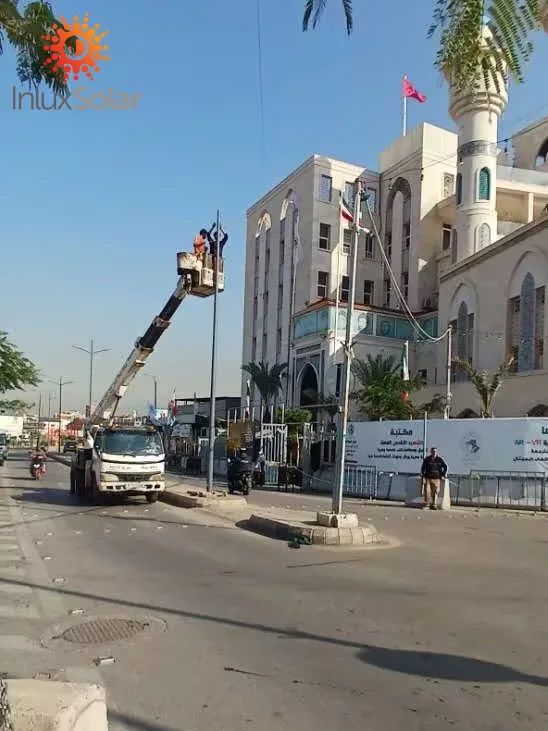 Street light installation near a business district building in Beirut, Lebanon