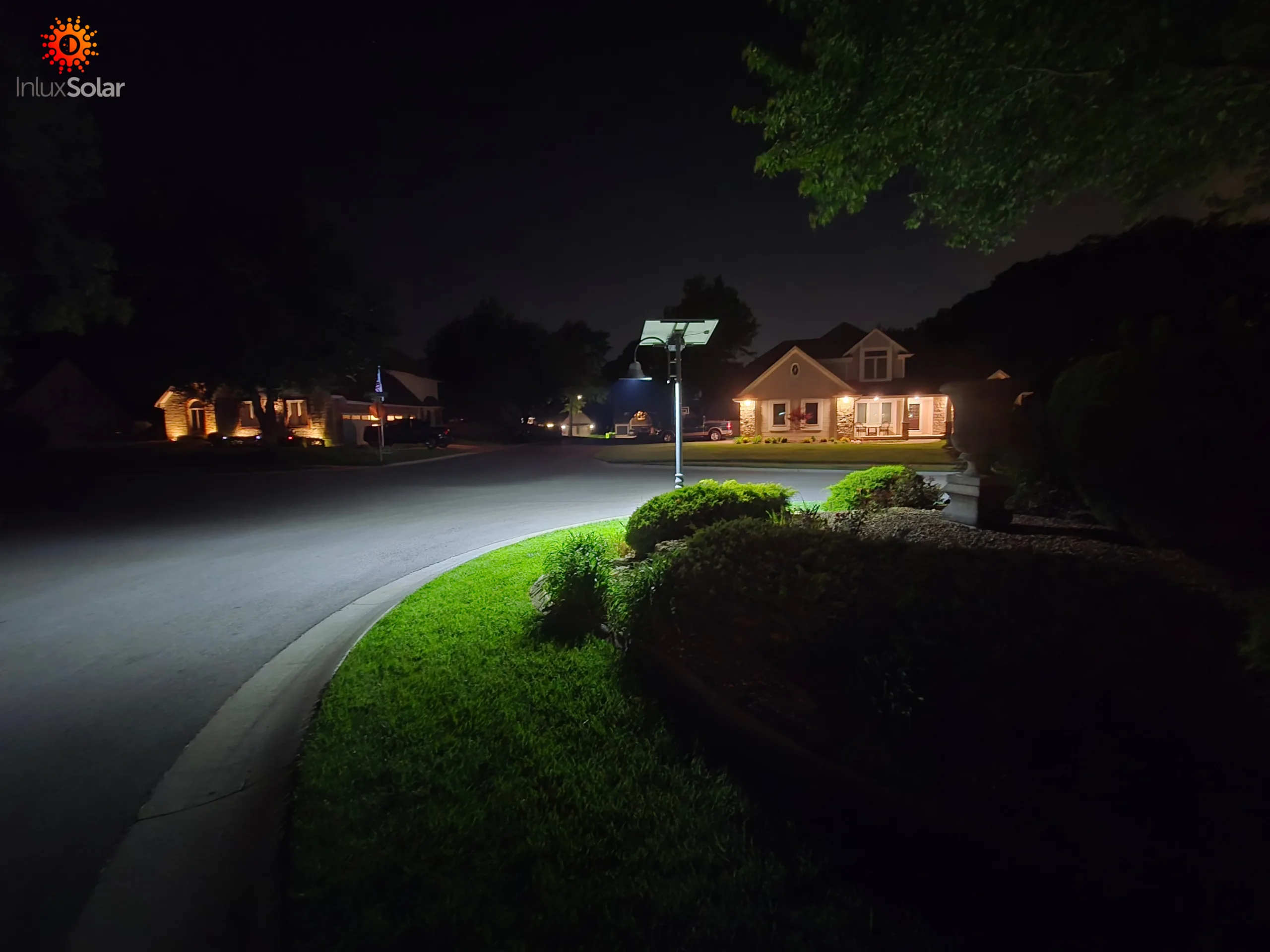 HERA decorative solar street light on a residential road in Kansas City, Missouri