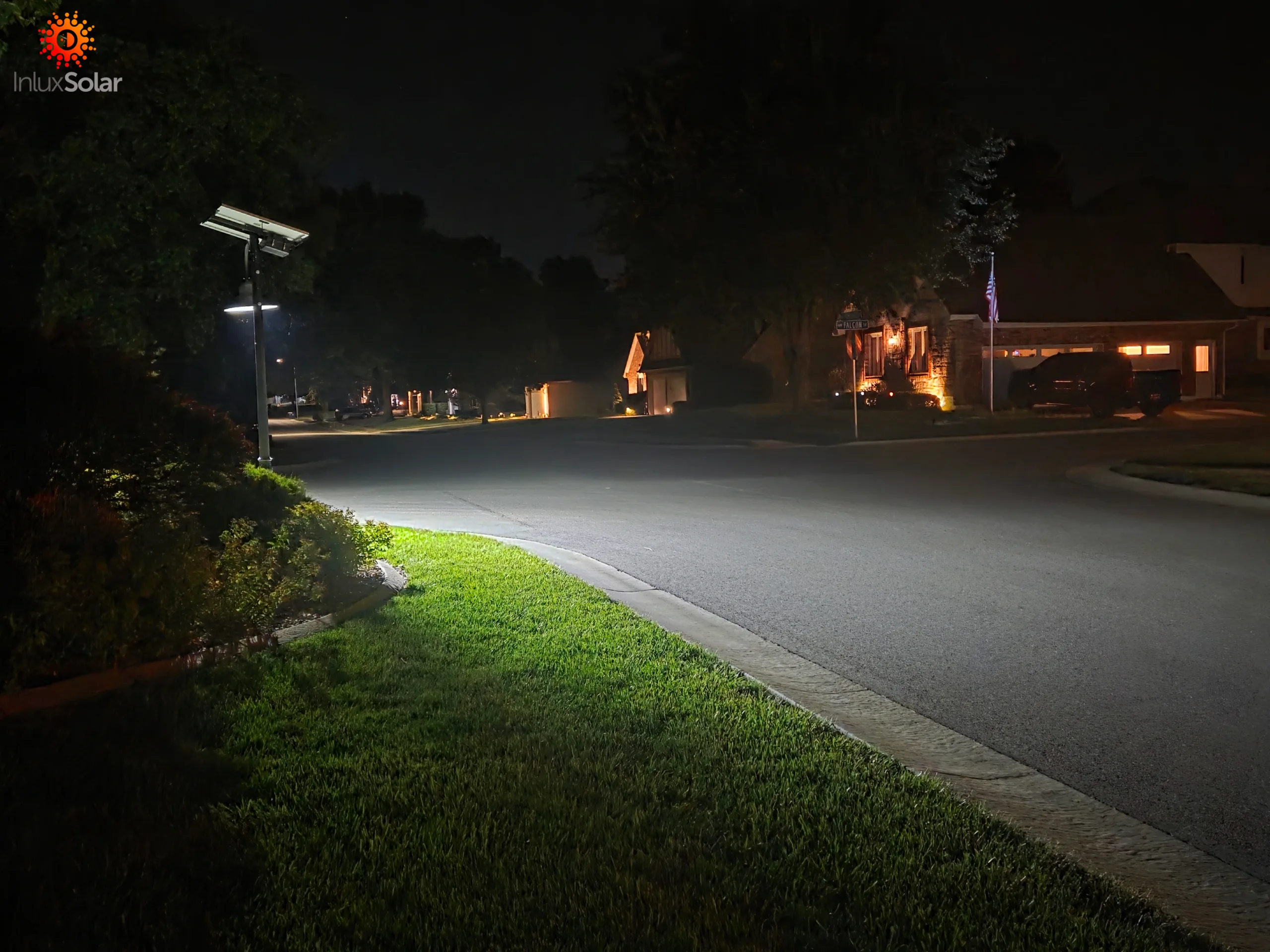 Kansas City HERA solar street light illuminating a private residential road at night