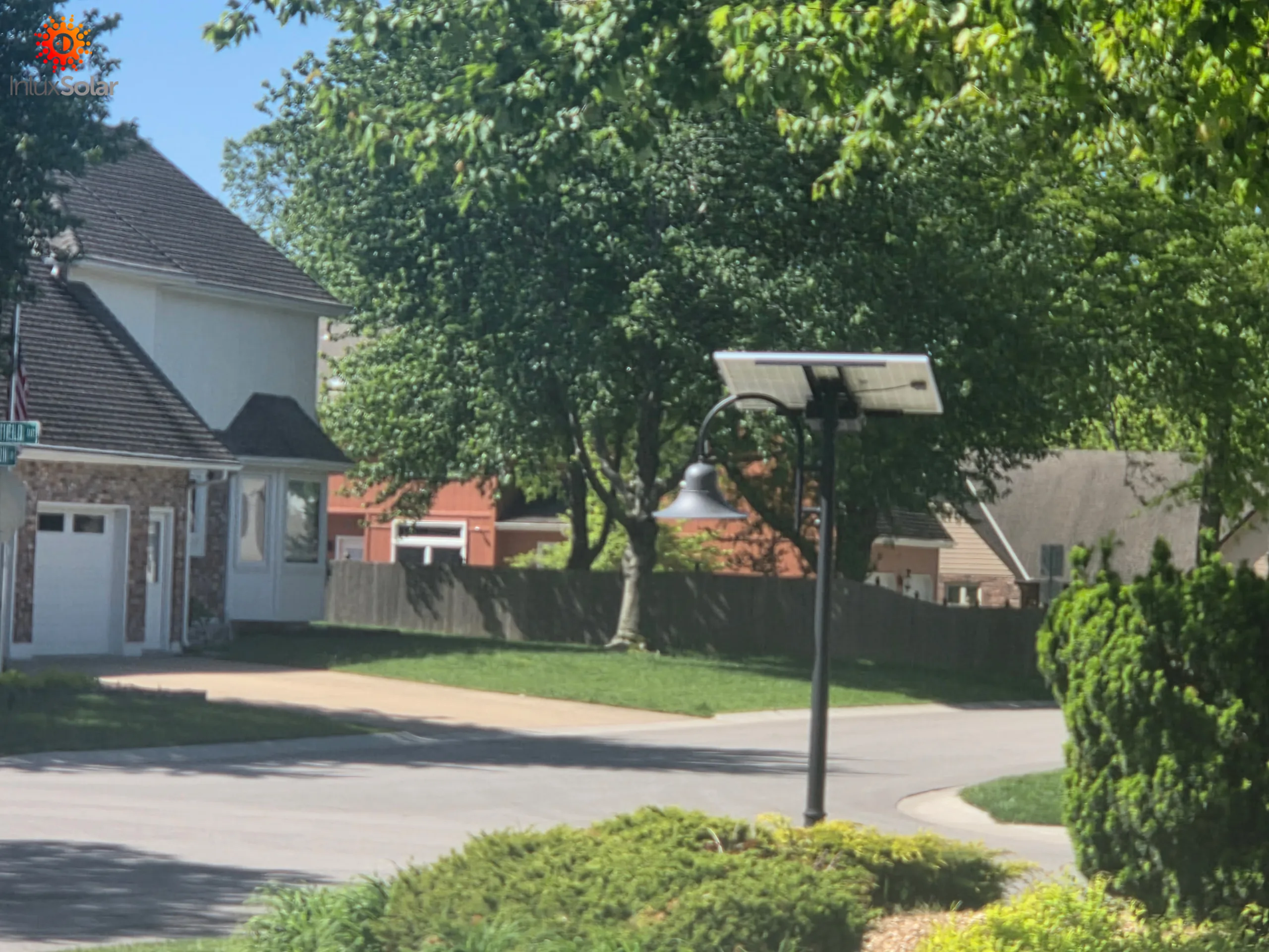 Daytime view of HERA decorative solar street light with solar panel in Kansas City, MO