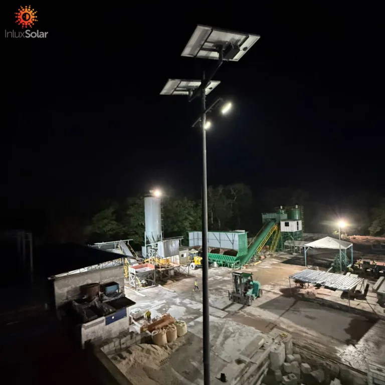 13m solar flood light installed in Malaysia GRC precast yard at night