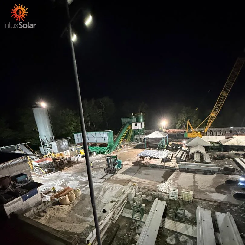13m solar flood light installed in Malaysia GRC precast yard at night