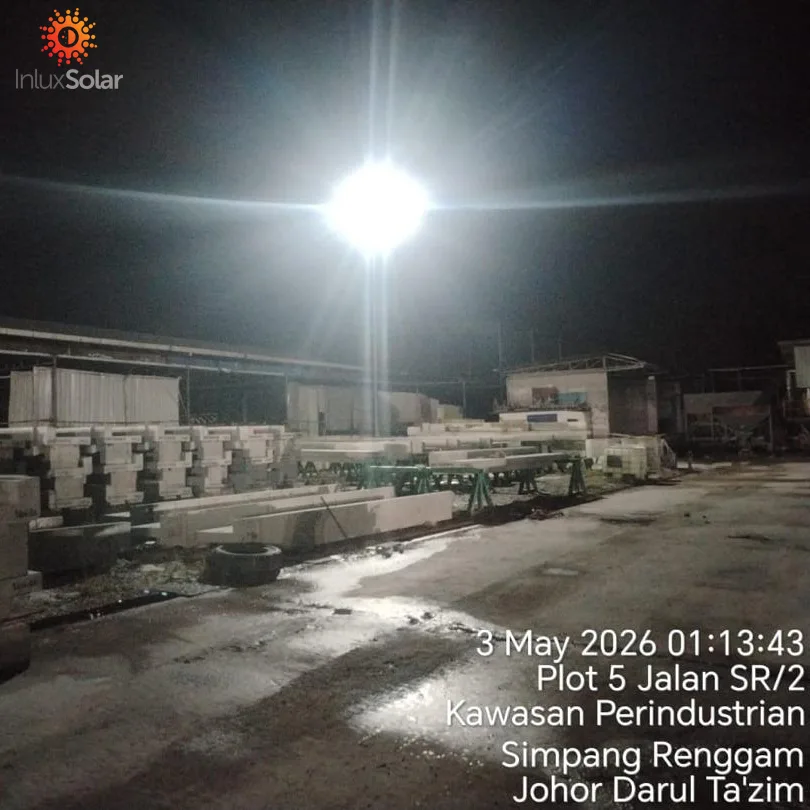 Night view of Malaysia precast yard illuminated by solar flood light poles